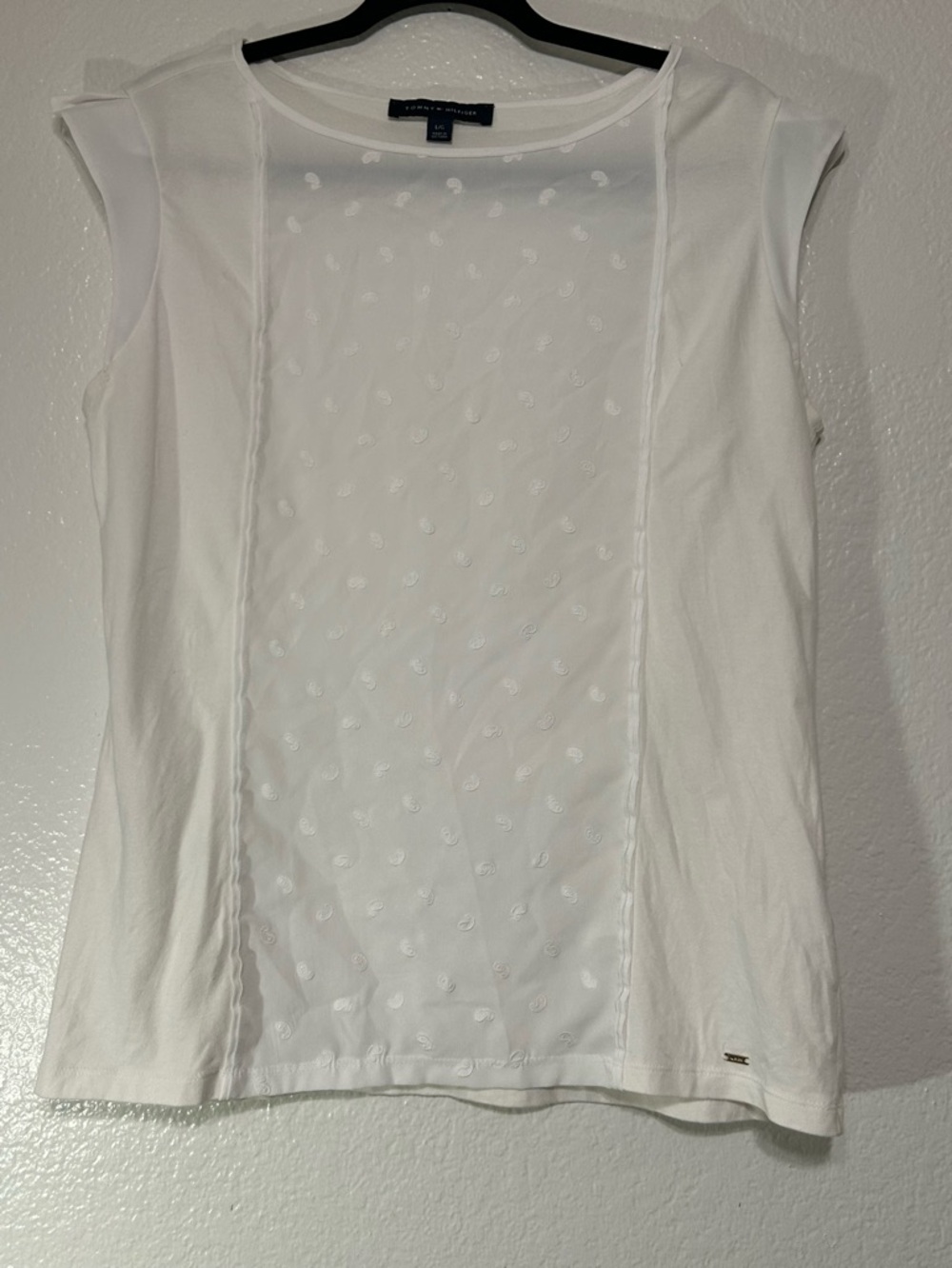 Tommy Hilfiger White Cap Sleeve Blouse Swiss Dot Front Size Large